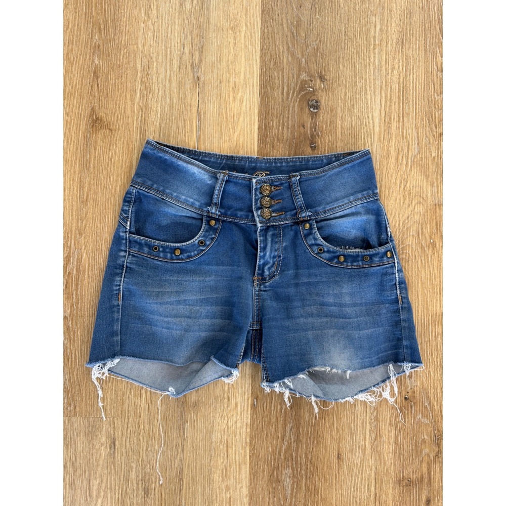 Y2K Salvaje‎ Premium Denim Shorts Women Size 5 Blue High Rise Studded Cut Off